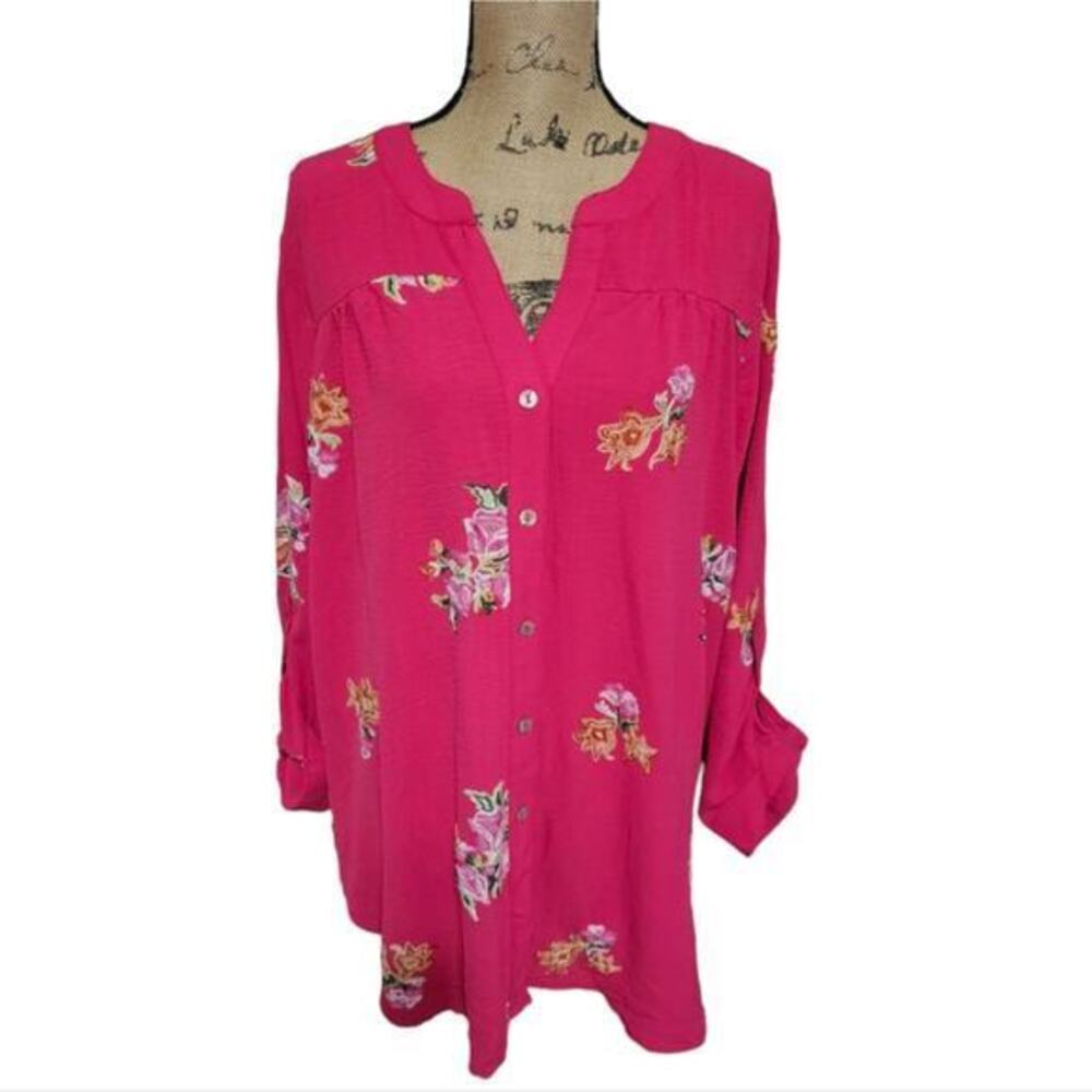 Anthropologie x Fig & Flower Hot Pink floral Embroidered Button Down‎ Shirt New